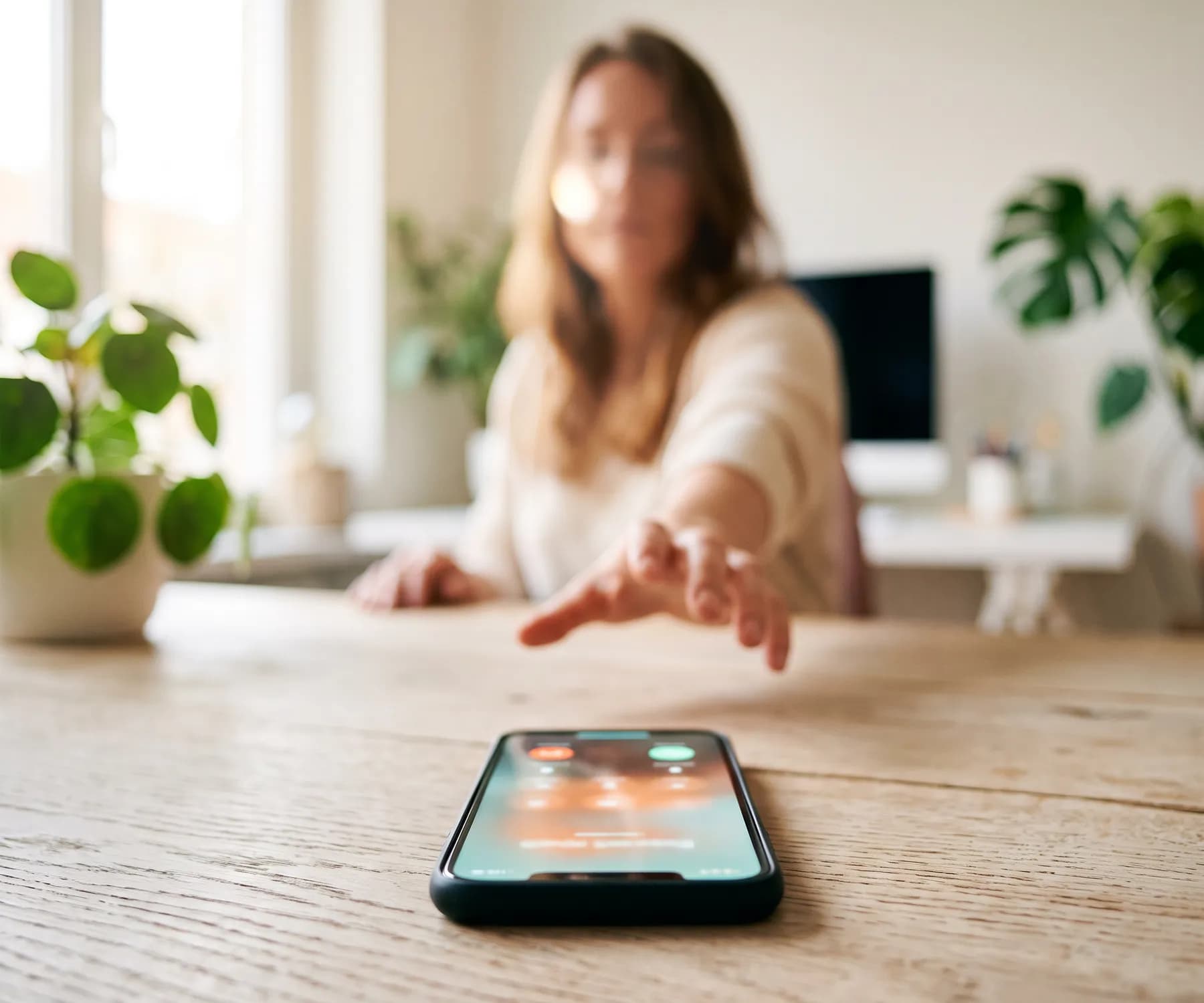 Someone at a sunlit home desk reaching for a ringing phone