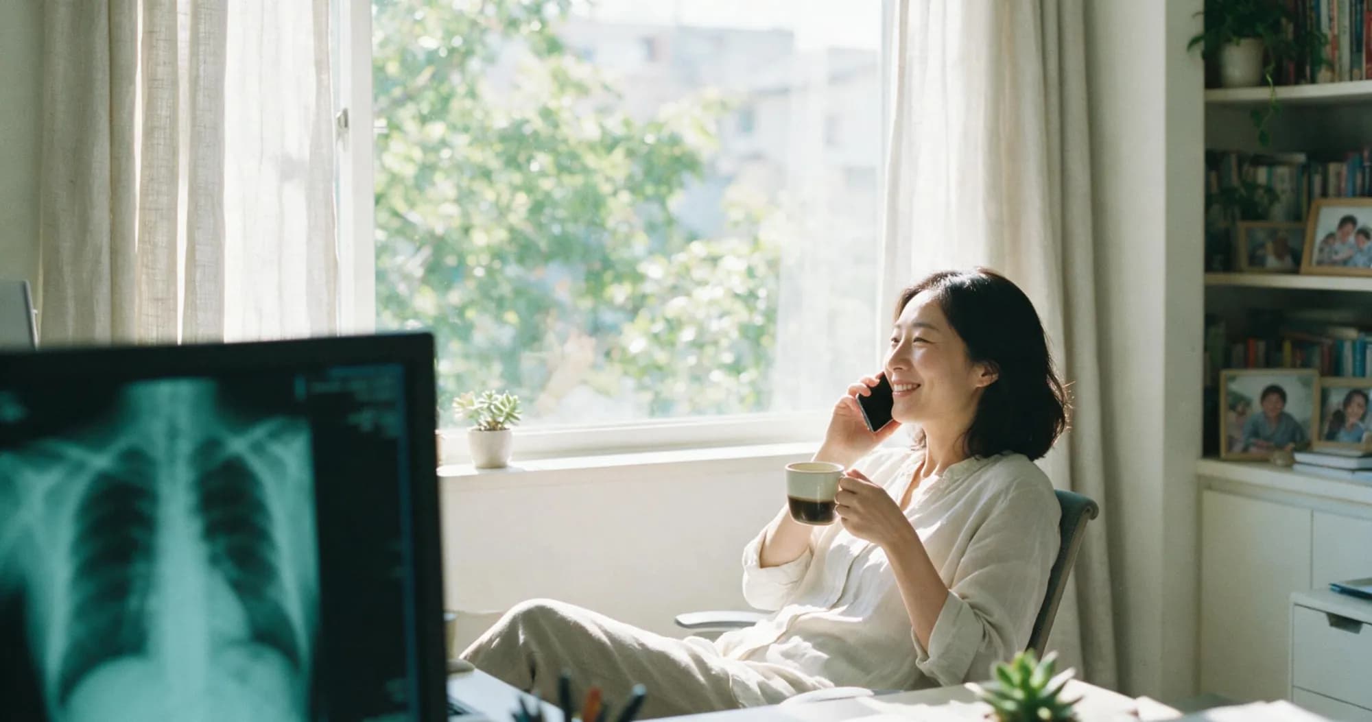 Radiologist on the phone at a sunlit home workstation, a chest X-ray on the monitor