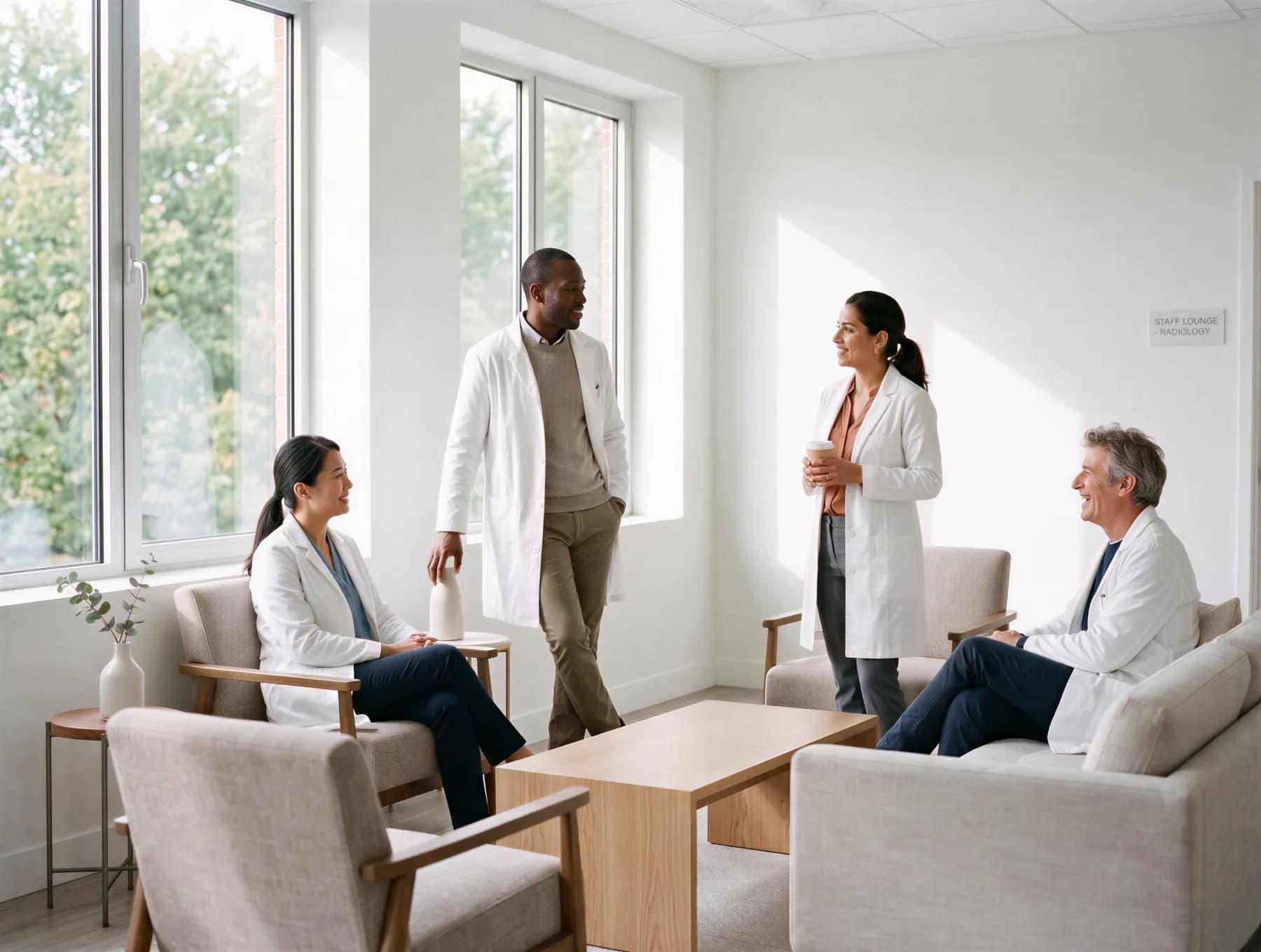 Four radiologists in white coats talking together in a bright, sunlit staff lounge